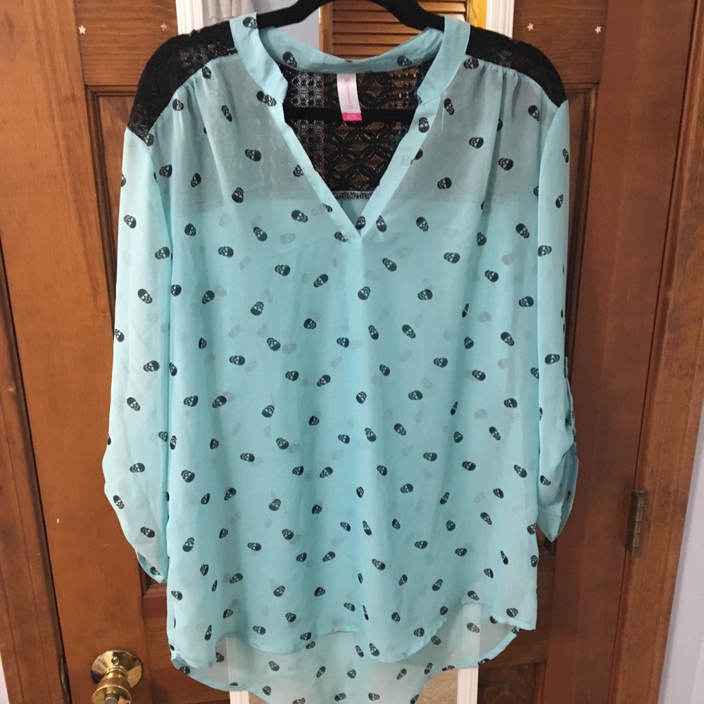 Teal and black skull blouse